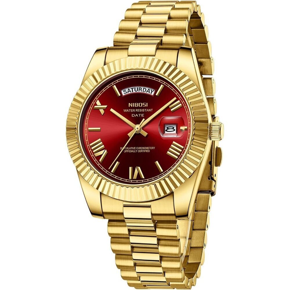 Men's Gold Red Stainless Steel Analog Classic Design Stylish Wrist Dress Watch